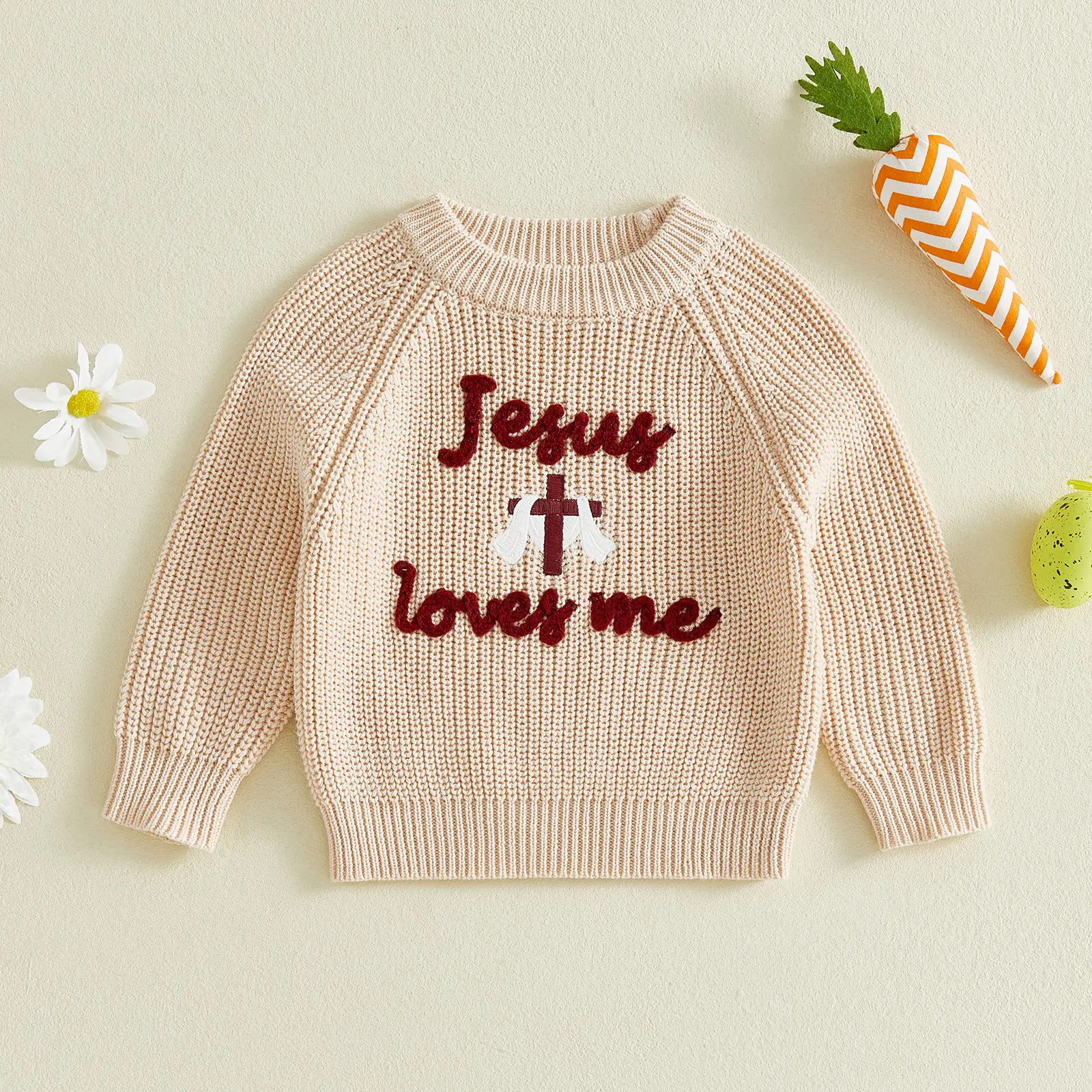 Babamoon Cotton Blend Knitted Sweater for Toddlers (0-4T) - Easter Crewneck, Long Sleeve, Cross Lettering Embroidery, Unisex Baby Boy Girl Spring Jumper