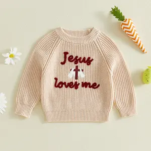 Babamoon Toddler Baby Boy Girls Easter Sweater Jesus Loves Me Cross Embroidered Long Sleeve Crewneck Knit Tops Jumper for Spring Easter 0-4T