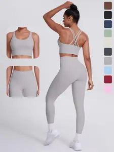 Women's Solid Color Cropped Sports Bra & High-Waist Leggings Set, Sporty Casual Breathable Stretchable Activewear Outfit for Yoga, Gym Workout and Running, Women's Fitness Outfit for Summer