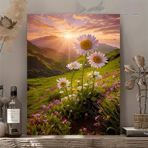 2D Flat, 2D Flat, 1pc Canvas Painting, Christmas, Sunrise Daisy Meadow Canvas Wall Art, Natural Floral Landscape Poster, Fun Creative Wall Decor, Home Bedroom Kitchen Living Room Bathroom, Hotel Cafe Office Toilet Room Artwork Canvas Wall Art Poster