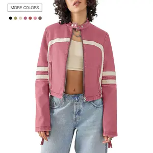Danedvi Women’s Fitted Long Sleeve Casual Faux Leather Motocross Coat - Zip-Up Stand Collar, Cropped Fit PU Outerwear Top