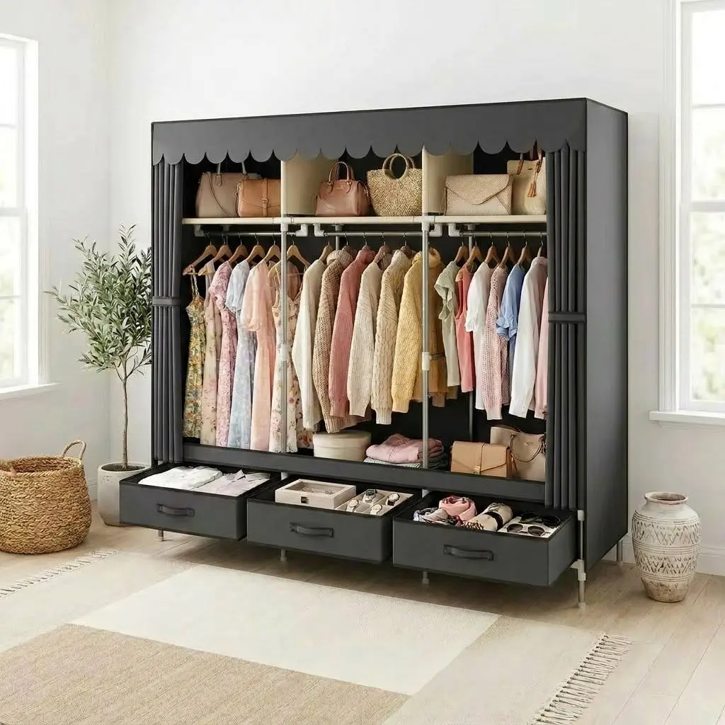 Dustproof Portable Fabric Wardrobe with Storage Drawers & Top Shelf, Freestanding Heavy-Duty Steel Frame Clothes Closet Organizer, Large Capacity Curtain Cover Clothing Cabinet for Bedroom, Apartment & Dorm