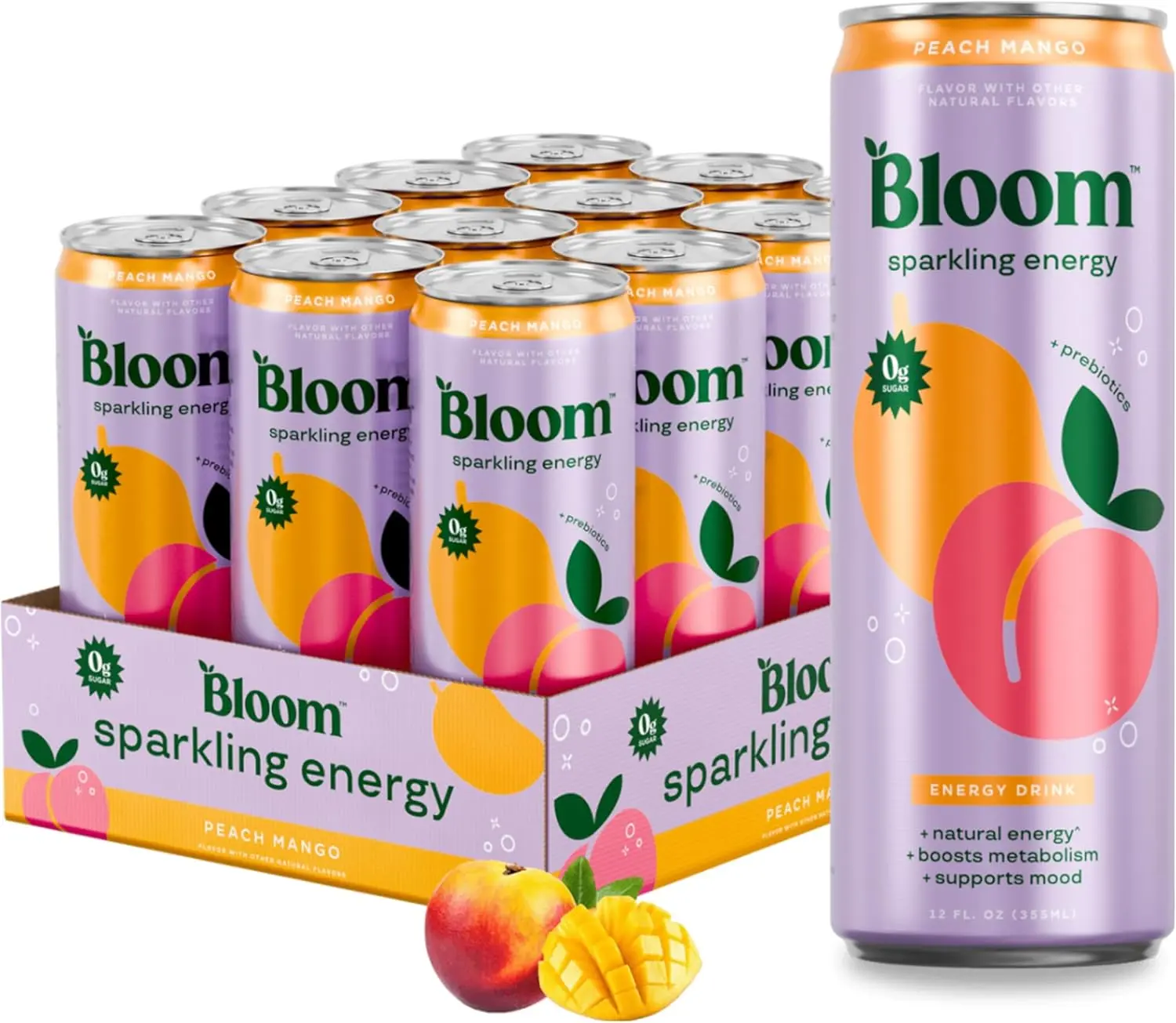 Bloom Nutrition Sparkling Energy Drink 12-Pack 12oz Natural Caffeine 180mg Zero Sugar Green Coffee Bean Green Tea Extract Prebiotics