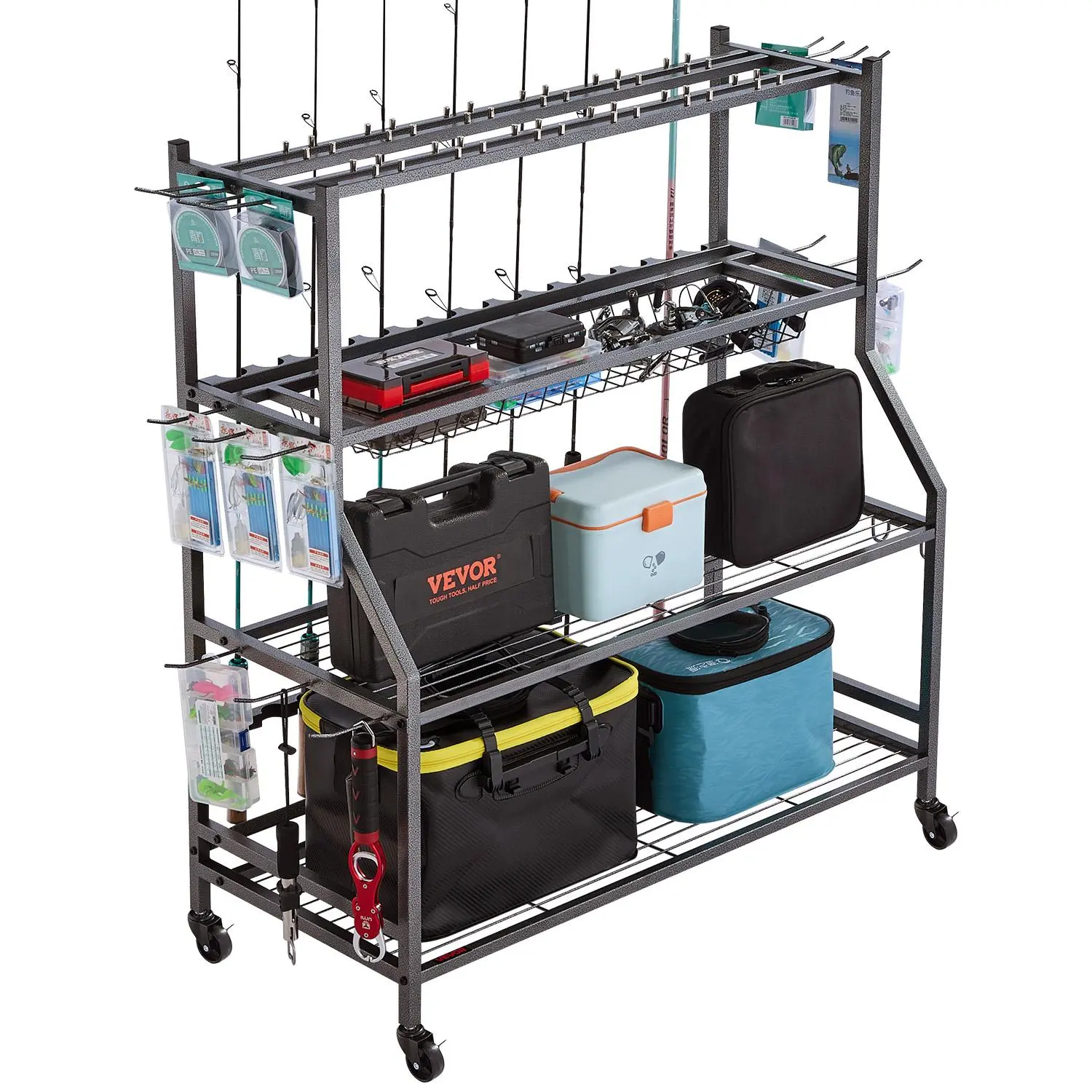 15-Rod Functional Mobile Fishing Rod Holder Cart with 360° Wheels, Fish Gear Organizer for Garage/Indoor Storage of Tackle Boxes & Reel Accessories, Male Gift for Men, Fishing Rods, Transport Wheels