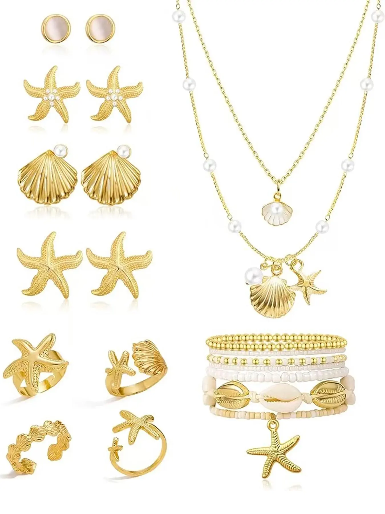 17 Pcs Beach Alloy Cute Jewelry for Women Seashell Starfish Earrings Rings Boho Theme Summer Beach White Anklet Sea Shell Necklace Set Summer Costume Jewelry Set Trendy Jewelry Set