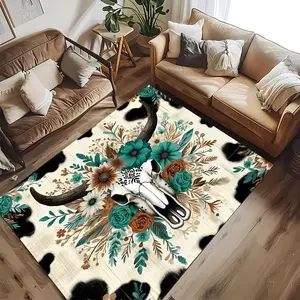 Creative Bull Head Pattern Non-slip Floor Mat, Rectangle Home Decorative Carpet, Decorative Area Rug, Bohemian Style Rugs, Boho Floral Rug for Home Living Room Bedroom