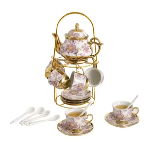 Glossy European Classic Ceramic Dinnerware Set - 20-Pack Tea & Coffee Pot Set with Purple Accents, Gold Shelf, 6 Plates, 6 Cups, Ideal for Tea Parties, Wedding Gifts, Dinnerware Sets