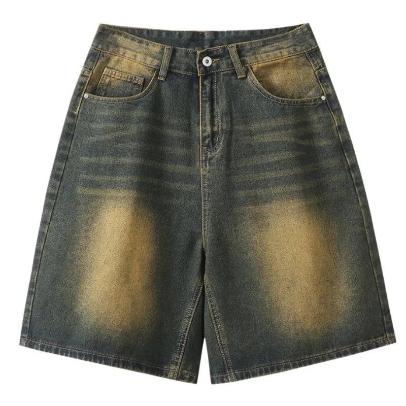 Men's Japanese Retro Gradient Washed Denim Jean Shorts - Summer Loose Straight Wide-Leg Mid-Length Casual Bottoms, Chic Foldable Preppy Wash-Dye Vibe, Comfortable Versatile Streetwear, Men's Jorts, Athletic, Streetwear Clothing, H Type