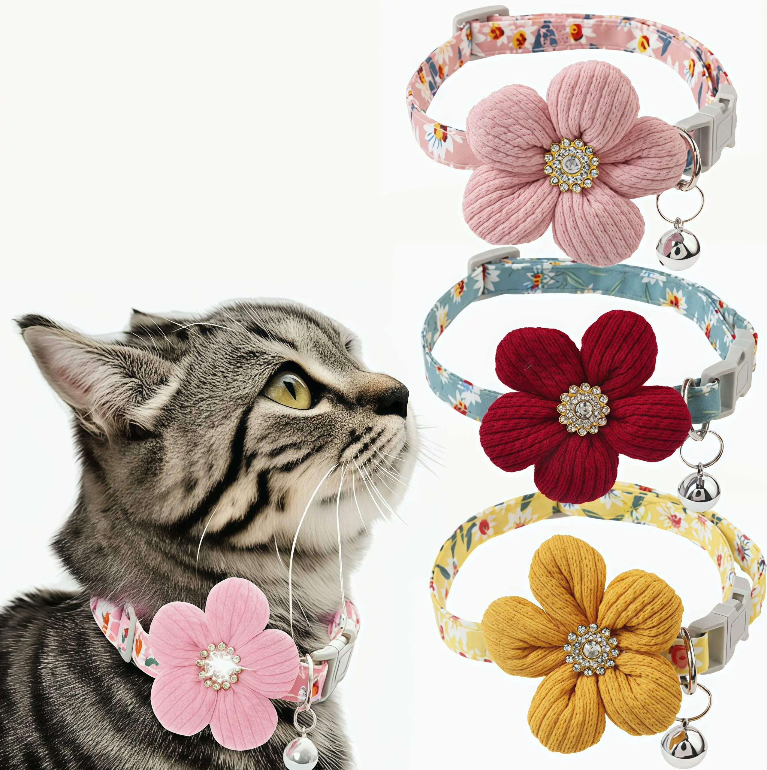 Floral Print Breakaway Cat Collar with 3D Knit Flower & Bell, Adjustable Soft Fabric Kitten Neck Collar, Sparkly Rhinestone Center Cute Small Pet Collar, Girly Floral Accessory for Daily Walking Party Tiny Cats Puppies