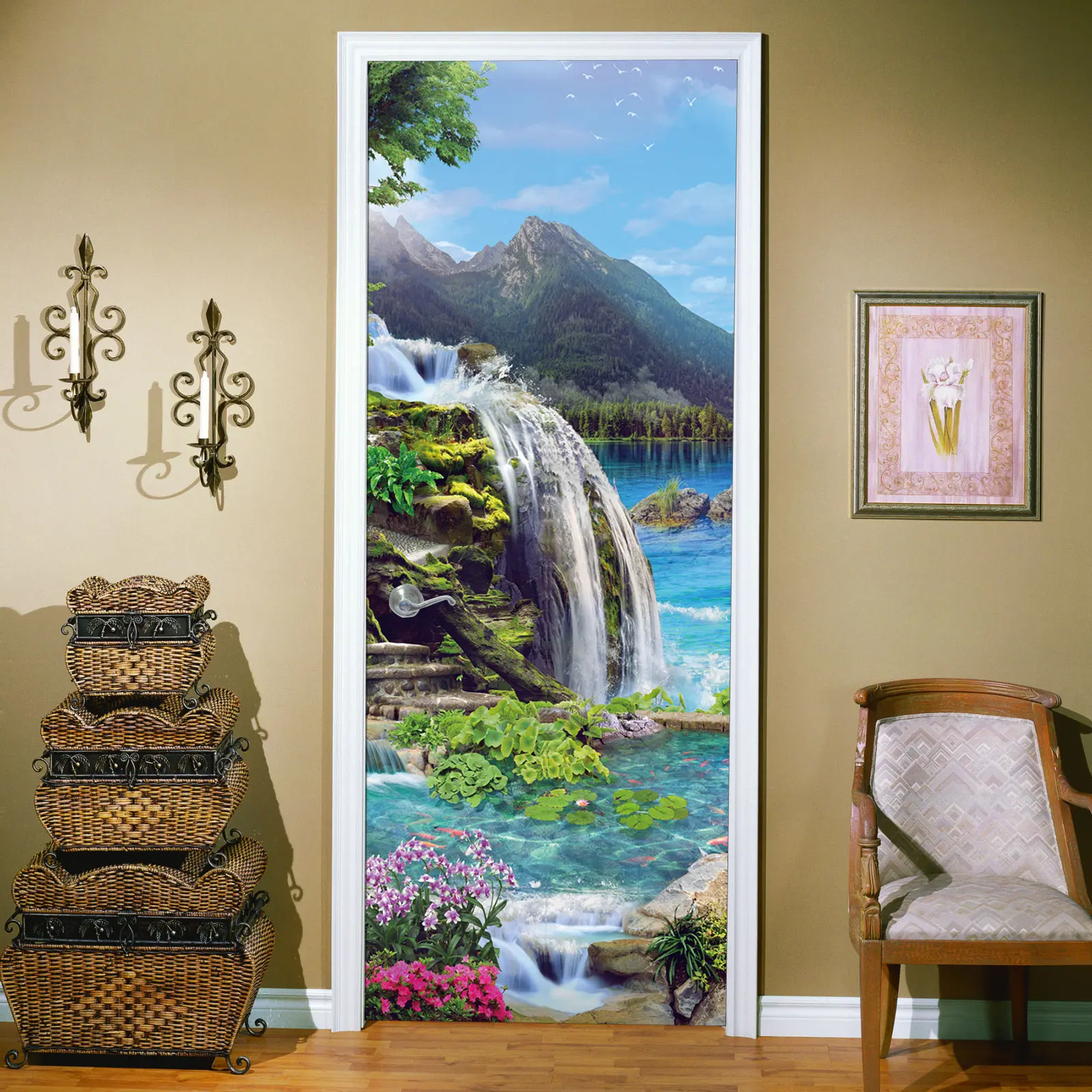 30" x 78" Waterfall Landscape Door Sticker - 3D Self Adhesive Door Wallpaper,Nature Theme Door Art for Home Office Living Room Decoration,indoor decor accessory