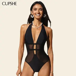 CUPSHE Hourglass Sculpting Mesh One-Piece Swimsuit | Deep V Neck Tummy Control Monokini  swimwear | Chic Halter Back Sheer Bathing Suit for Pool Party Glam Bathing suit #tiktokshopmemorialday