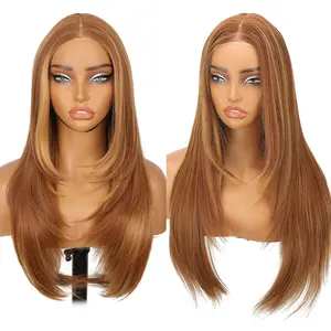 [AISI HAIR]26inch Wear  Wigs Pre Plucked Pre Cut for Beginners Honey Blonde with Chestunt brown Synthetic Lace Front Wigs For Woman Long layered straight Wigs with bangs  middle part wig 26 Inch