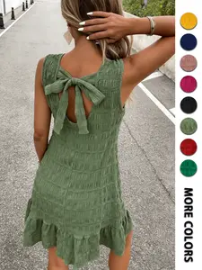 Women's Elegant Casual Wear Sleeveless Ruffled A-Line Dress, Back Bow Hollow Out Design, Knee-Length Fitted Dress, Summer Beach Vacation Style