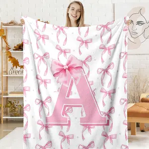 Initial Bow Throw Blanket, Pink Watercolor Coquette Flannel Blanket, Soft Cozy Warm Throw, A-Z Monogram Design, Gift for Her Girlfriend Daughter, Cute Aesthetic Bedroom Living Room Couch Decor