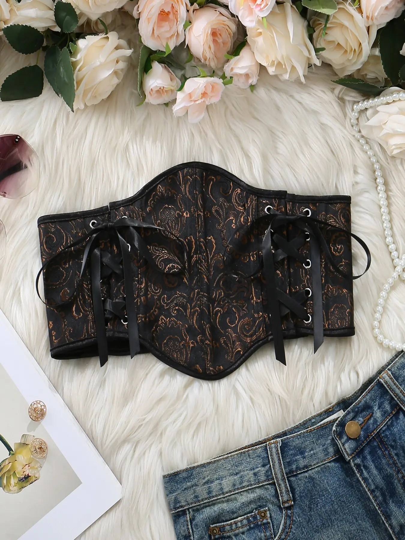 Vintage Palace Jacquard Side Zip Shapewear Waist Belt, Waist Cinch, Shaping Belt, Fishbone Lace Trim, Outer Wear Women's Corset Bra, Fashionable Bodycon Top