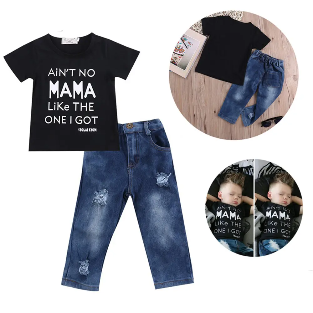 Infant Baby Boys 2 Pieces Outfits, Solid Color Round Neck Short Sleeve T-Shirt Tops + Ripped Jeans Denim Pants Set
