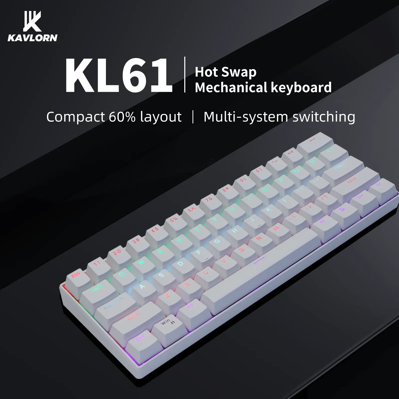 KL-61 Premium 60% Mechanical Gaming Keyboard, 61-Key RGB Backlit Compact Keyboard with Hot-Swappable Switches, Customizable Mechanical Feel, Anti-Ghosting Wired Keyboard for PC Gaming Setup