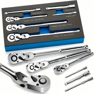 6PCS Ratchet Wrench Set with Extension Bar, 1/4", 3/8", 1/2" Drive Swivel Head Ratcheting Wrenches, 72-Tooth 180° Adjustable Quick Release Flexible Handle, EVA Foam Storage