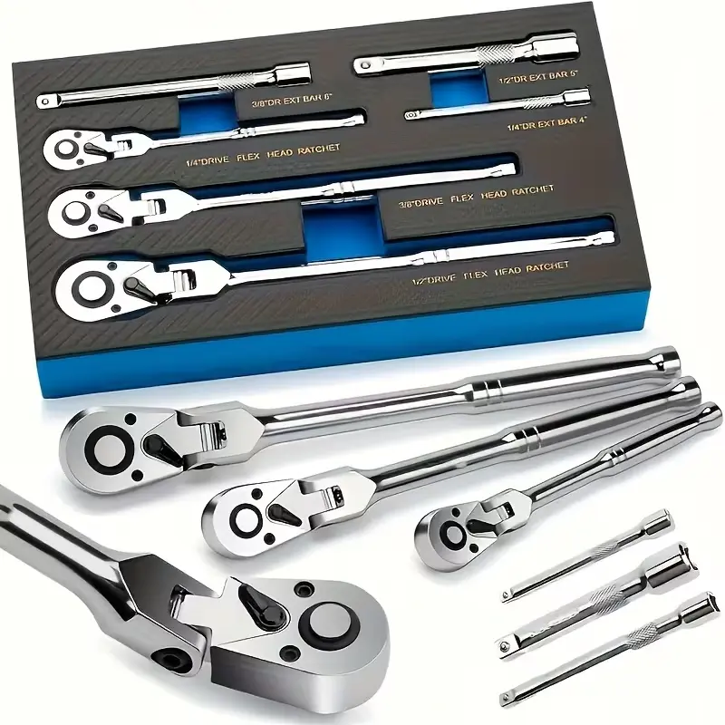 6PCS Ratchet Wrench Set - 1/4"-3/8"-1/2" Drive Swivel Head, 72-Tooth Fine Ratcheting, 180° Adjustable Quick Release Handle, Extension Bar, EVA Foam Case for Home Improvement, Automotive, Bicycle Servicing (Bicycle, Equipment, Machinery, Motorcycle Tools)