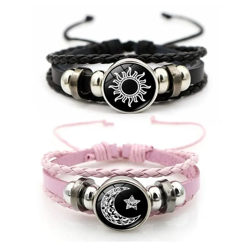 Sun & Moon Lovers Stackable Bracelet - Vintage Punk Multi-Layer Beaded Woven Jewelry with PU Leather-Glass Accents, Funky Unique Couple Gifts for Adults, Love Gift, Women's Fashion Accessory