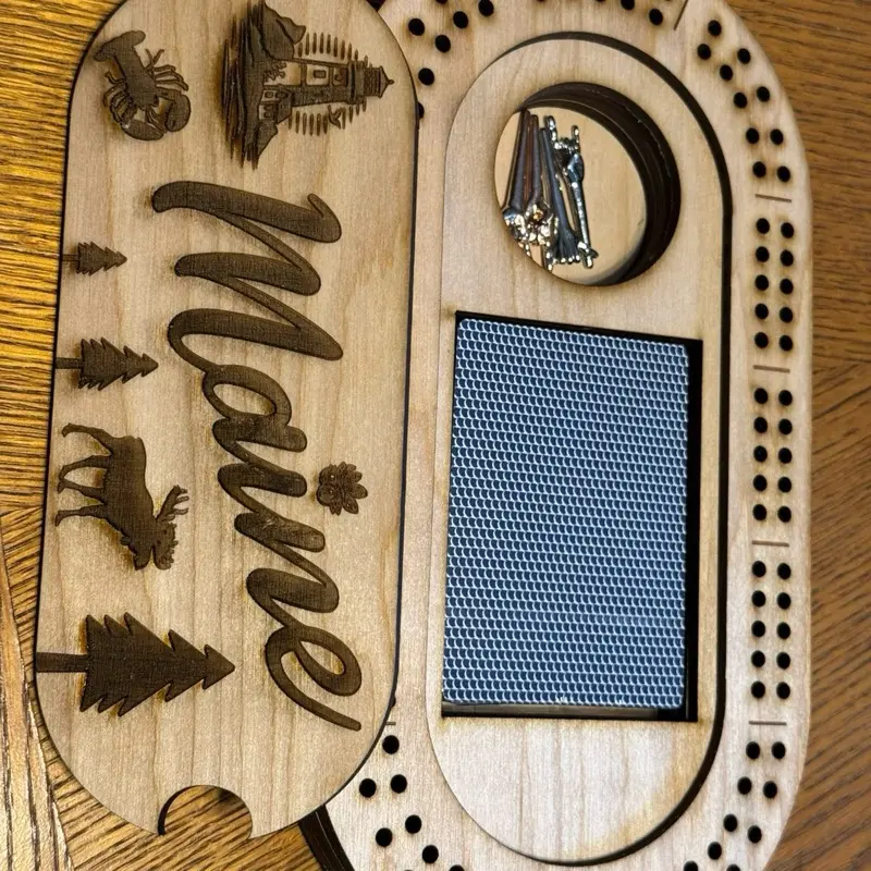 Personalized Maine cribbage board with storage