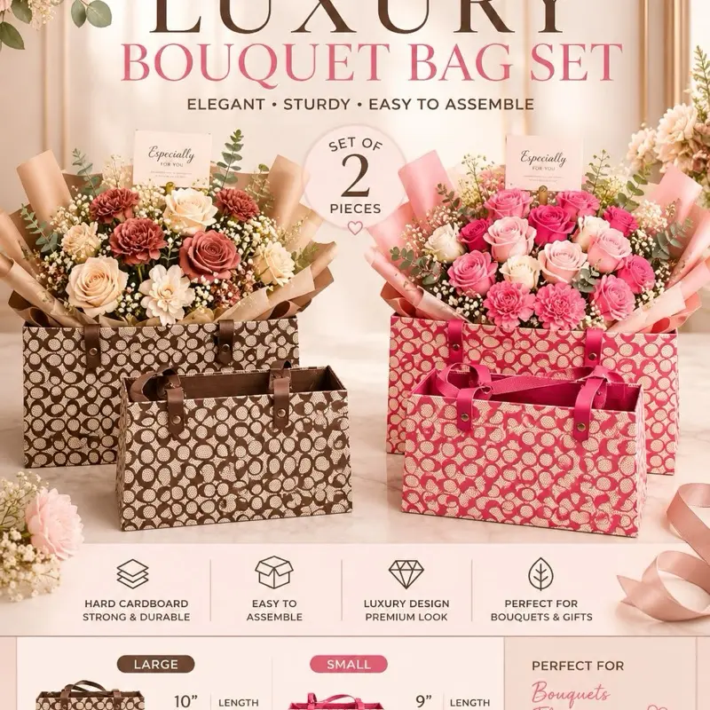 2Pc Luxury Floral Gift Bag Set with Handles | Hard Cardboard Bouquet Boxes | Easy Assembly Gift Bag Set