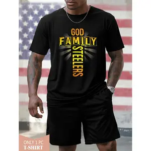 Men's Patriotic American Flag T-Shirt - God Family Steeler Bold Graphic Tee - Father's Day Gift for Dad - Black Shirt with Yellow & Orange Lettering - Casual Crewneck Top for Steelers Fans - Year-Round Casual Attire, American Flag Shirt, Holiday