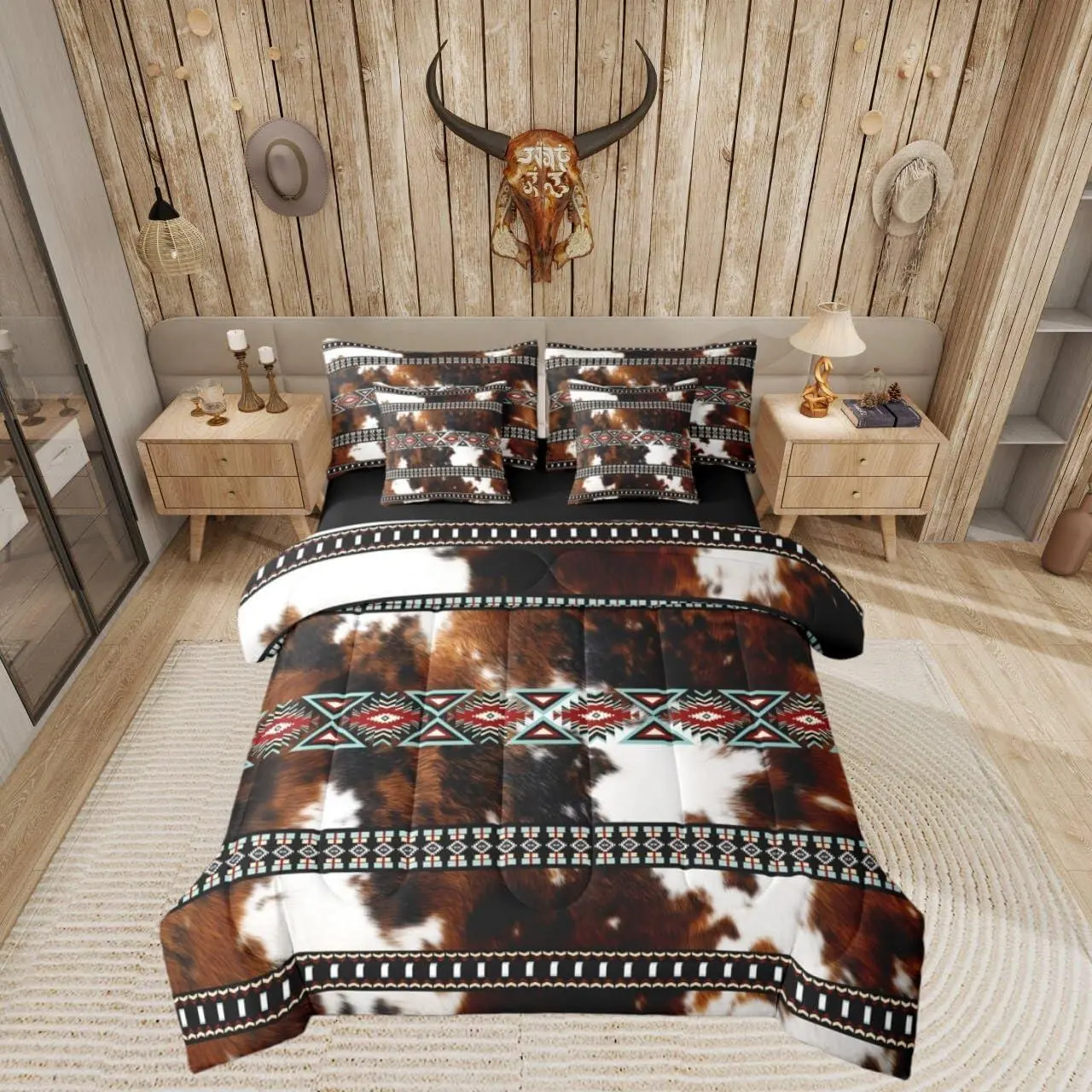 Feelyou 7-Piece Cowhide Boho Aztec Decorative Microfiber Bed Comforter Set - Western Highland Cow Print Bedding with Sheets, Exotic Geometric Cowboy Design for Kids, Decorative Bedding Set, Microfiber Bedding Set