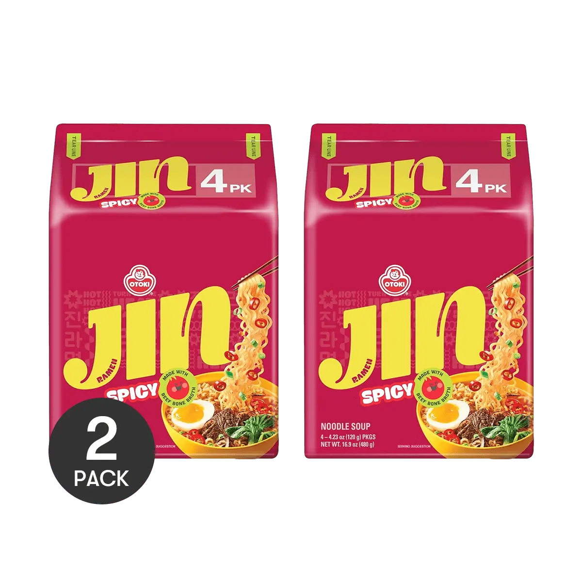 OTTOGI Jin Ramen Spicy Flavor 4-Pack (8 Packs Total) -Korean Instant Noodles, Authentic Korean Ramyun, 480g x 2