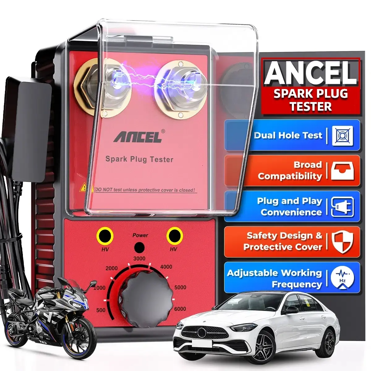 ANCEL SP02 Spark Plug Tester, 12V Vehicle Ignition Analyzer with Double Hole Testing, Protective Cover, 0-6000 RPM Adjustable Working Frequency, Automotive Diagnostic Tool,car accessories