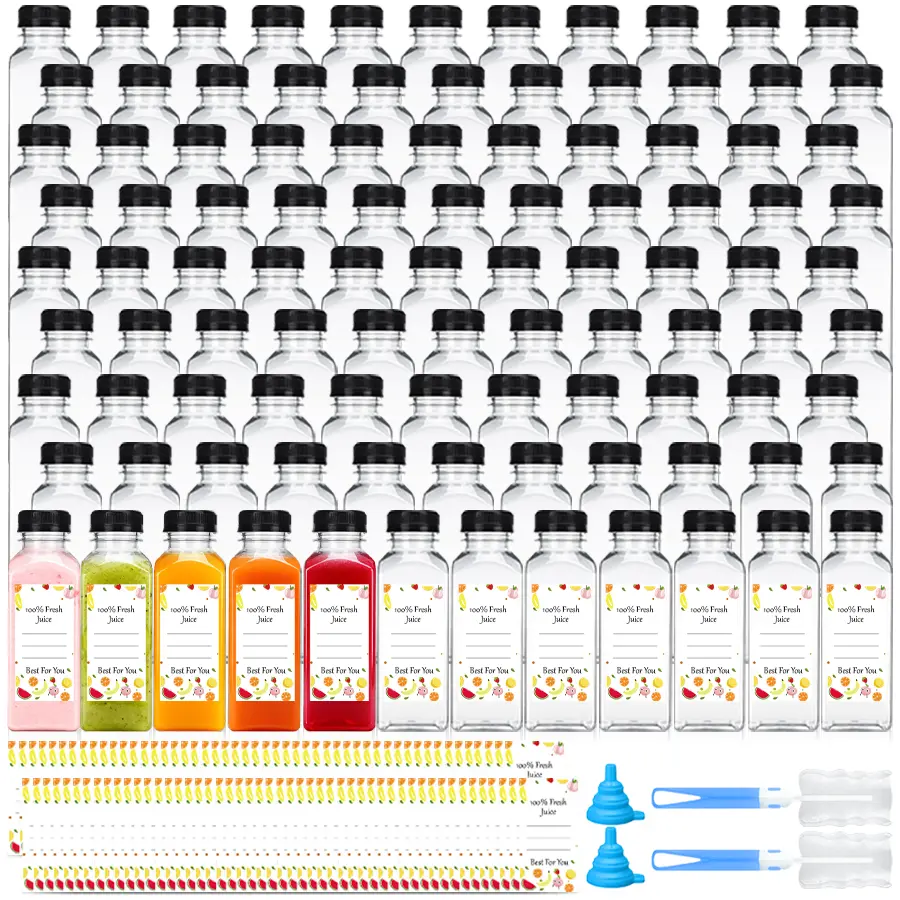 HILAKE 100pcs 12oz Water Cups, Juice Bottles, Plastic Bottles with Lids, Reusable Clear Containers for Juice, Smoothies, Cola, Water and Other Beverages, Suitable for birthdays, Christmas, Halloween, and New Year's use