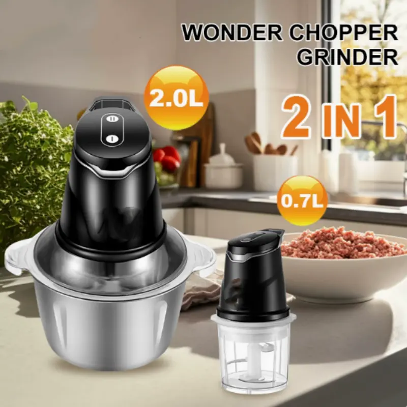 2-in-1 Compact Electric Food Processor - 2.0L High-Capacity, 400W Heavy-Duty Stainless Steel Appliance, 2 Speed+Pulse Settings, Dual-Layer Blades, Cut Vegetables, Ground Meat Kitchen Tool, Chop Grind Slice