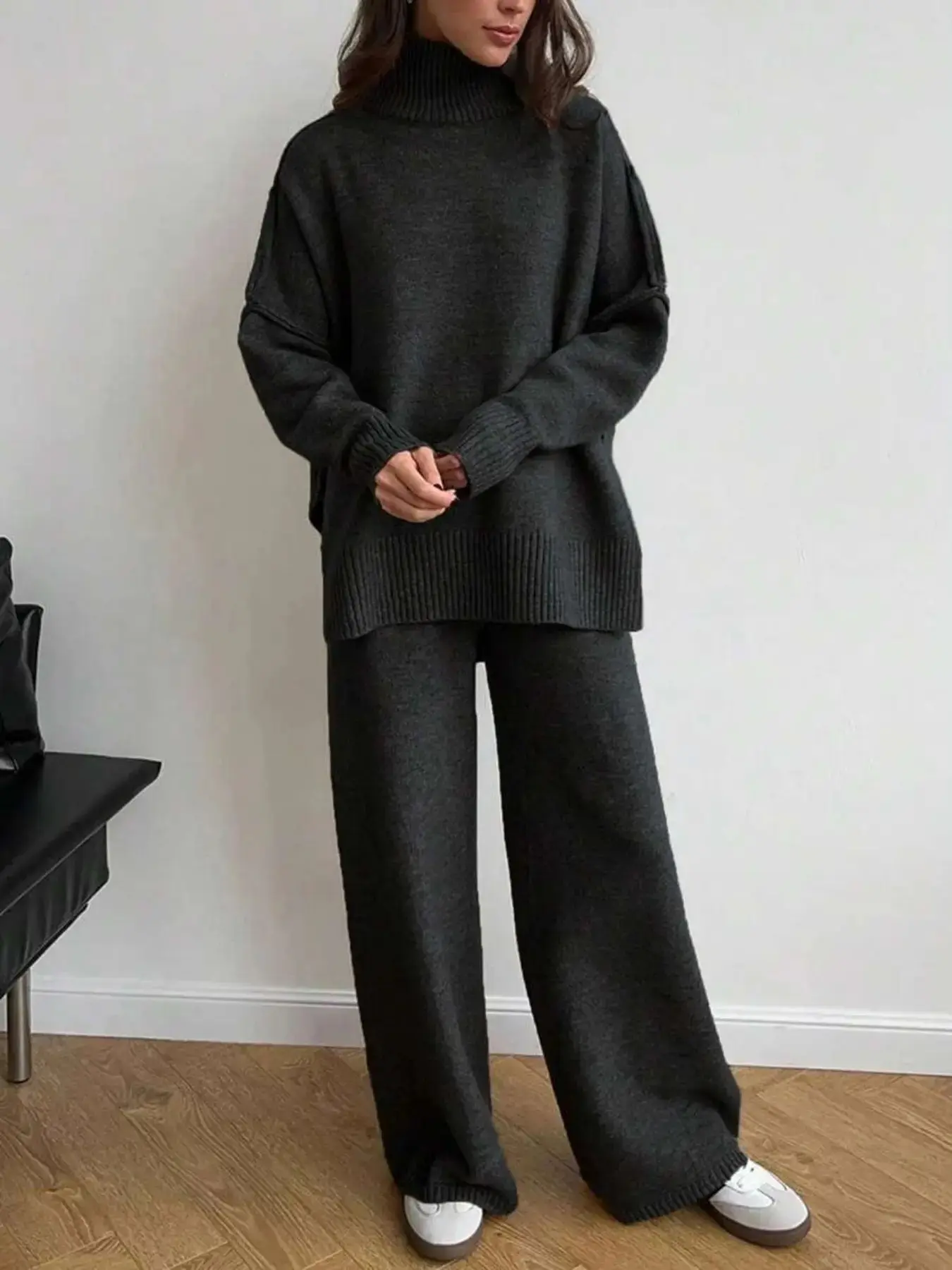 Women's 2 Pcs Solid Color Sweater Set for Autumn Winter, Long Sleeve High Neck Turtle Neck Turtleneck Drop Shoulder Pullover Sweater and Wide Leg Pants, Women's Fall Outfits, Casual Loungewear Set Womenswear