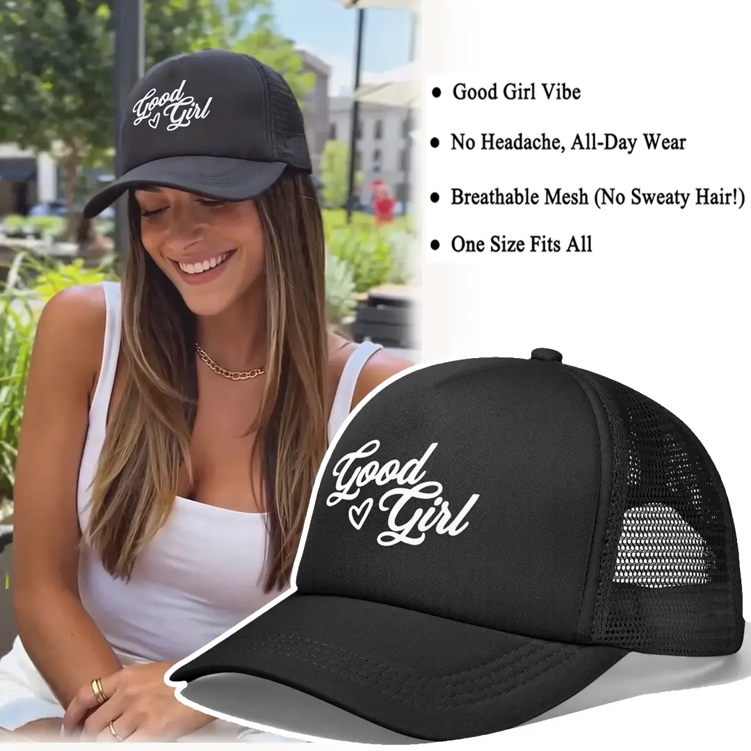 Good Girl Trucker Hat| Cute Script Heart Graphic Mesh Cap,adjustable stylish hat,summer hats for women,black cap baseball,casual hat,hats for women,beach essentials,#Summervibes