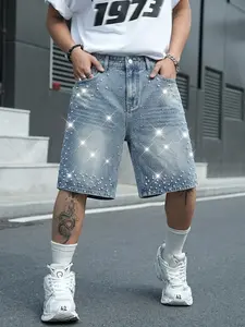 Men's American Style Rhinestone Jeans Shorts, Vintage Light Blue Washed Wide Leg Five-Pocket Pants, Streetwear Y2K Hip Hop Summer Fashion Casual