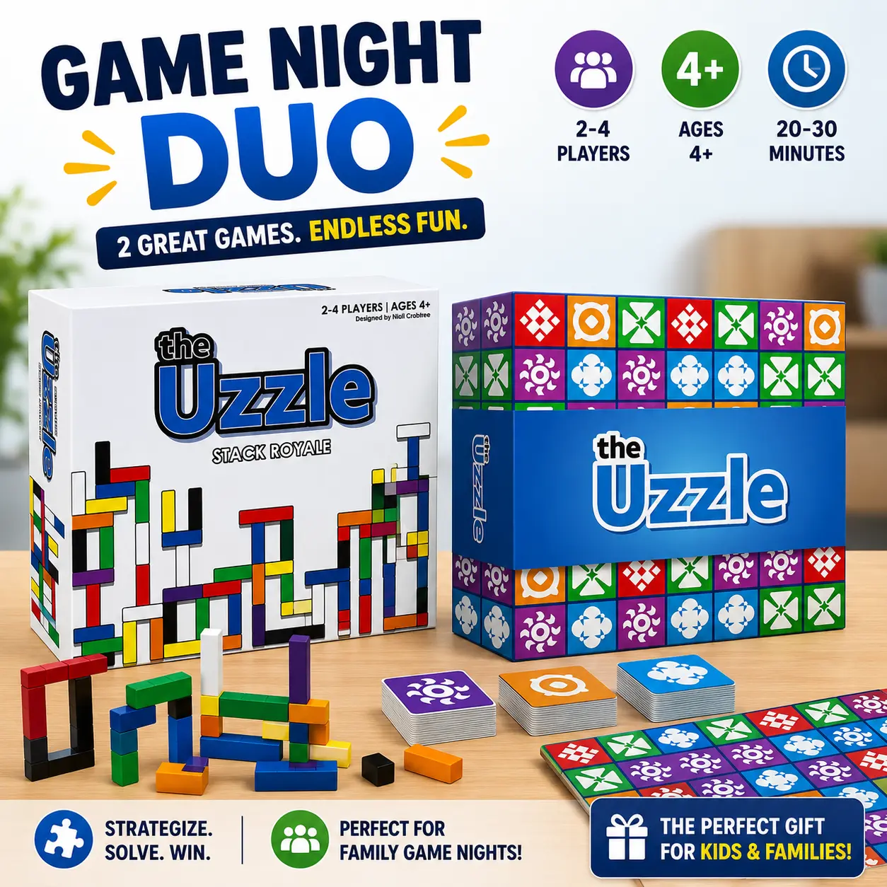 Game Night Duo – Uzzle Original & Stack Royale Board Game Bundle | Ages 4+ | Fast-Paced Family Puzzle & Strategy Games