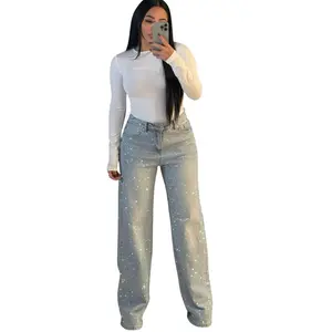 Natali Collection - Mid Rise NO STRETCH Denim Full Rhinestone Jeans - Blue, Womenswear, Bottom Pants Trouser Style Aesthetic Everyday