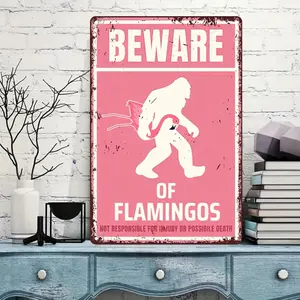 Retro Pink and White Beware of Flamingos Vintage Metal Sign - Humorous Wall Art for Home, Yard, Garden, Coffee Shop 8x12 Inches