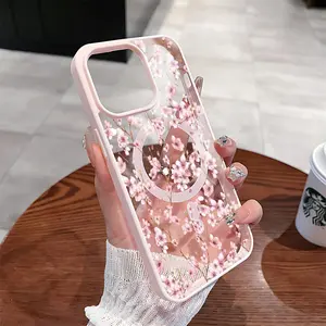 Cherry Blossom Magsafe Phone Case Compatible with iPhone 17 Pro Max Air 16 16e 15 14 Plus 13 12 11 X XS Magnetic Hard Acrylic Back Soft TPU Edge Shock-resistant Cover Valentine's Day Gift 2D printing