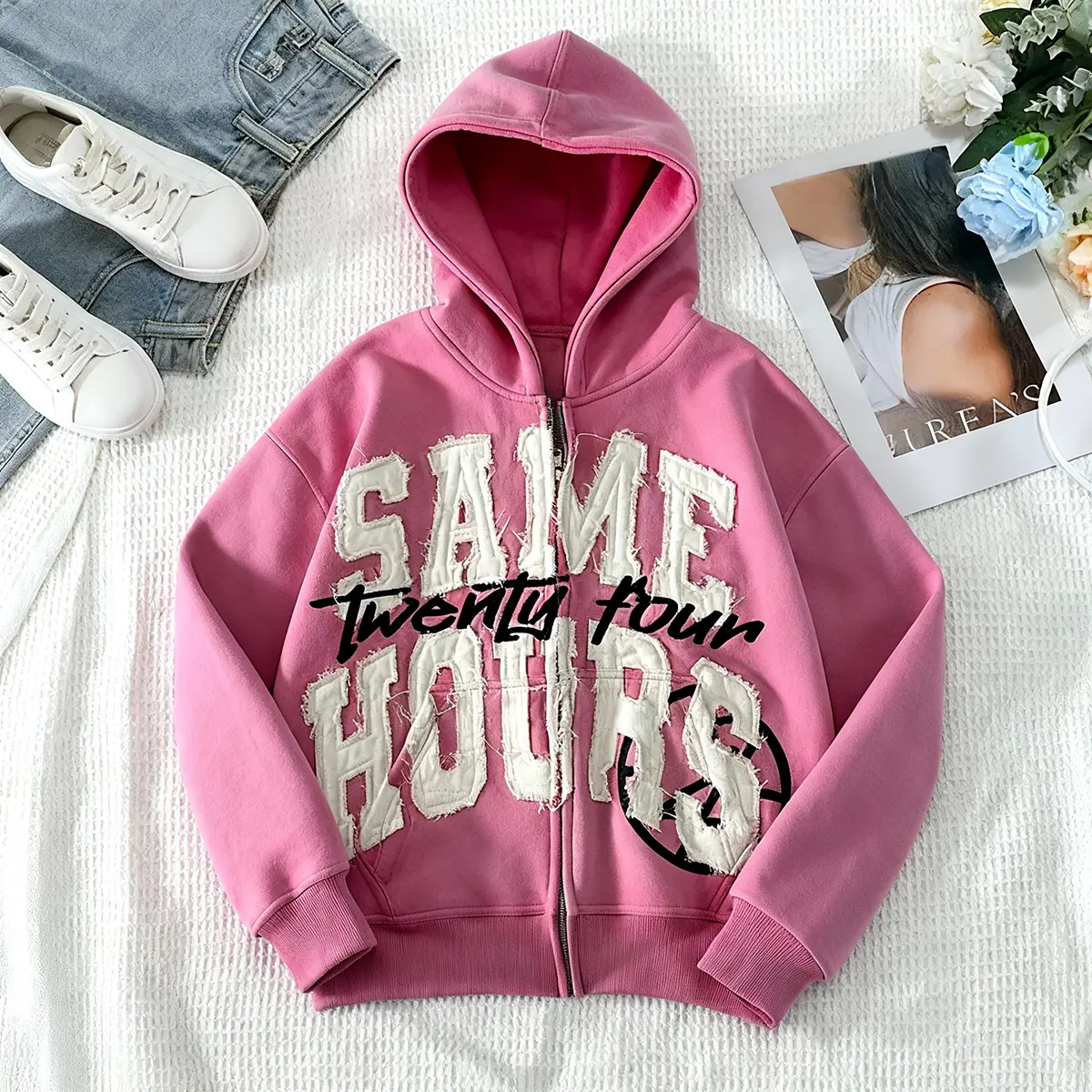 Men/women Unisex Clothes"Same Hours" Distressed Zip-Up Hoodie - Black/Pink/Red/Orange/Blue Color Options, Streetwear with Clock Graphics,Y2K Street Style