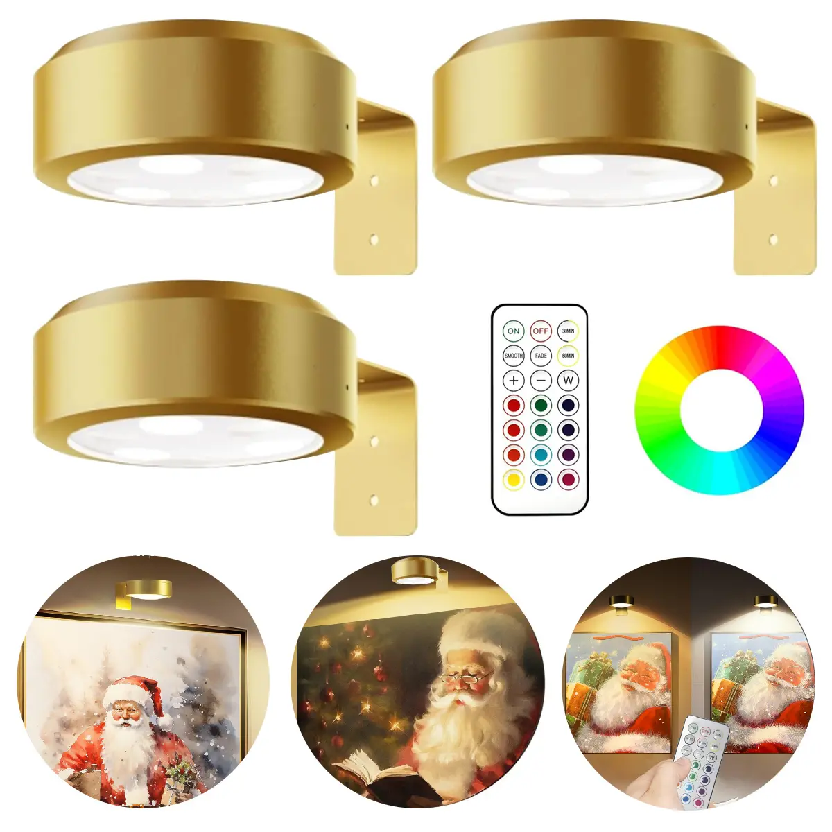 3Pcs Battery Operated Picture Light, Magnetic Led Painting Light with Remote Dimmable and Timer, 3 Lighting Modes and13 RGB Colors Art Display Light for Picture Frame Paintings, Wireless Wall Decor Puck Lights, Gold