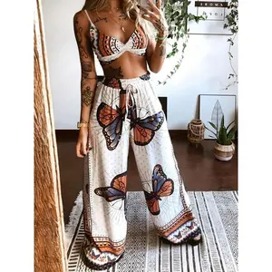Two piece sexy butterfly print camisole and wide leg pants set, women's crop top and pants set, clothing set fabric women's polyester spandex
