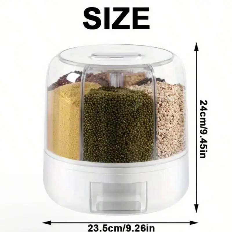 6-Grid 360° Rotating Rice Dispenser - Airtight PP & Clear PET Storage Container with Transparent Shell, Drawer Spout, No-Spill Moisture-Proof Design for Rice, Beans, Kitchen Pantry Dry Food Organization Utensils