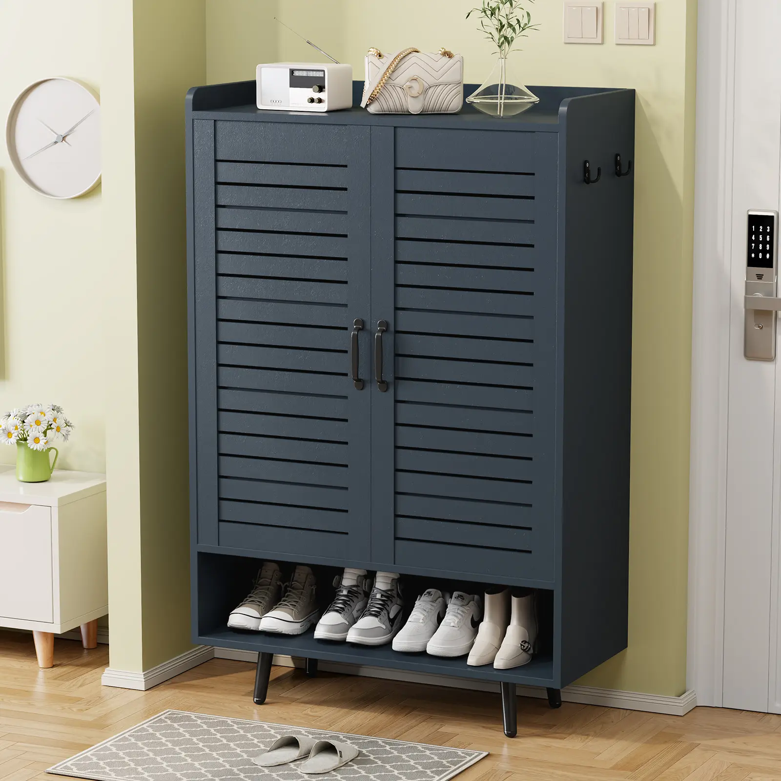 【HolidayHaul】6-Tier Wooden Shoe Cabinet with Doors & Adjustable Shelves, 50'' Tall Space-Saving Organizer with Extended Storage Solutions & Floor Protection, Great for Busy Homes with Many Shoes - Entryway, Blue