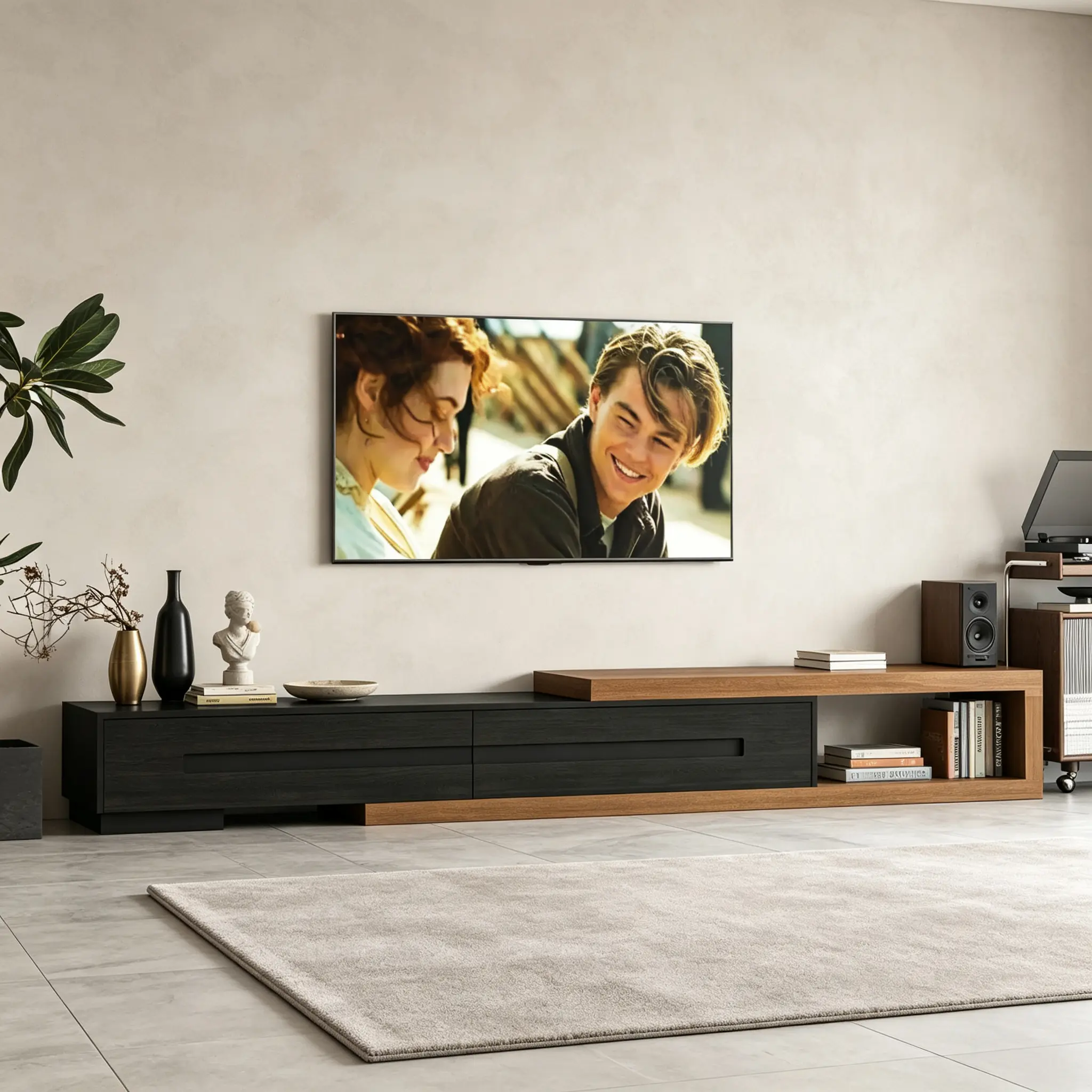 80''-115'' Extendable TV Stand for 120 Inch TV, Walnut Wood Modern Entertainment Center, Rectangle TV Console Table with Drawers & Shelves for Living Room