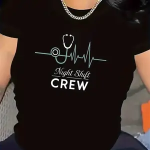 Night Shift Crew Stethoscope & Heartbeat Graphic Black T-Shirt – Ideal for Nurses & Medical Staff Black CLL T-shirts-4507