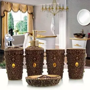 Watson Bathroom Accessories 5-Pack Classic Brown Resin Jewel Accent Set, Soap and Toothbrush Organizer, Home Bathroom Decor Supplies, Accessory