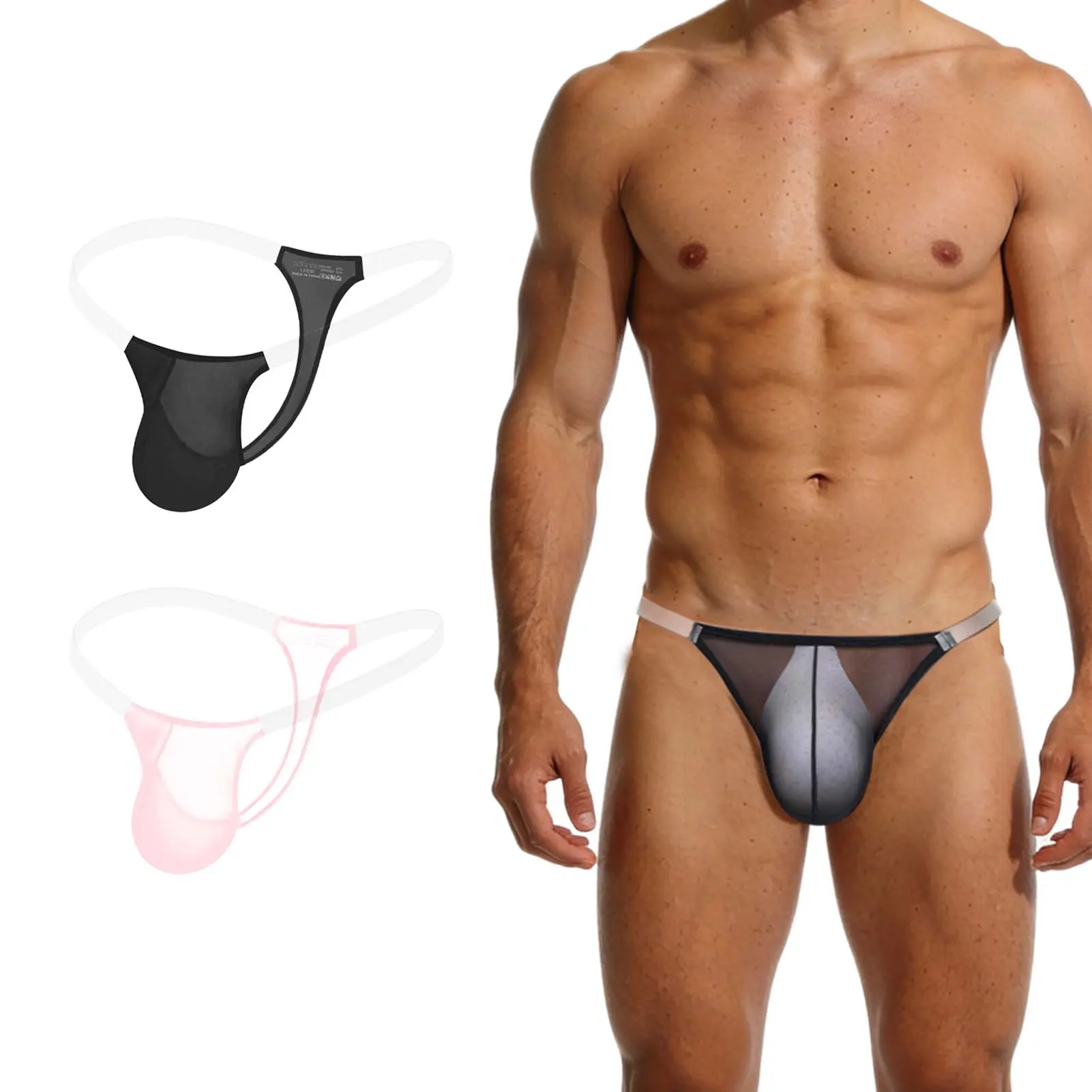 Men's Low-Rise See-Through Underwear - Tan-Through, Sheer-When-Wet Swimwear with Breathable Mesh, Bulge Pouch (G-String Style)