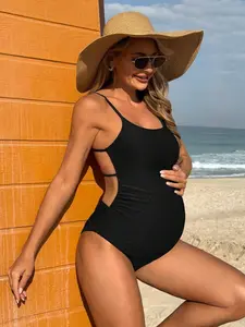 SAMT Swim Vcay Pregnant Women Elegant Ribbed Backless One-Piece Swimsuit For Summer Beach Vacation