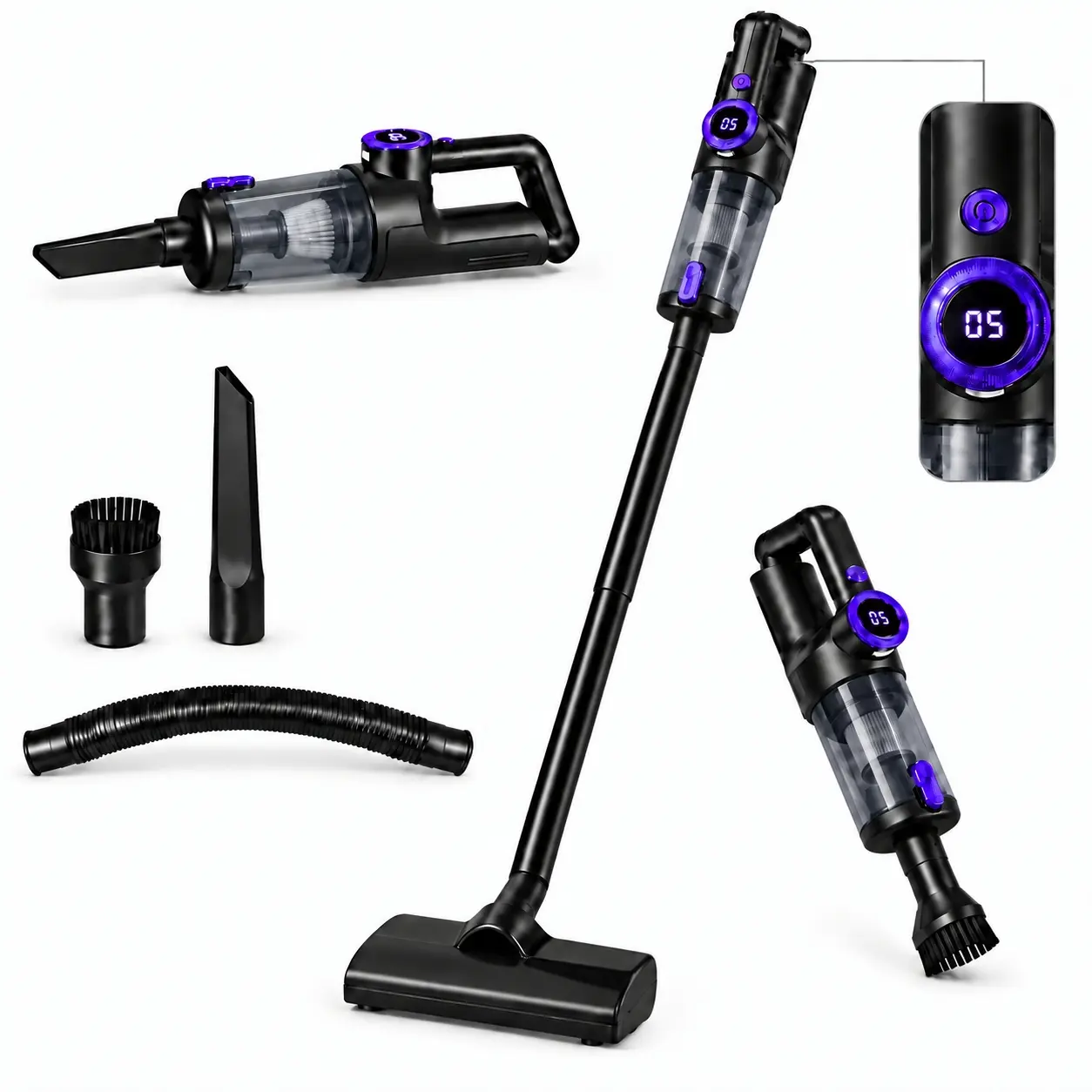 5-in-1 Wireless Vacuum Cleaner, handheld vacuum cleaner with filter, suitable for household cleaning, lightweight design, strong suction power, anti-tangling brush head, detachable design, suitable for cleaning carpets/ceilings/pet hair/inside vehicles